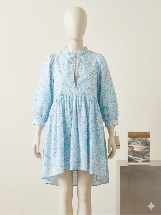 Zara Dresses & Skirts - ZARA Blur Flora Ruffle Tie-Neck Babydoll Mini Dress size Small